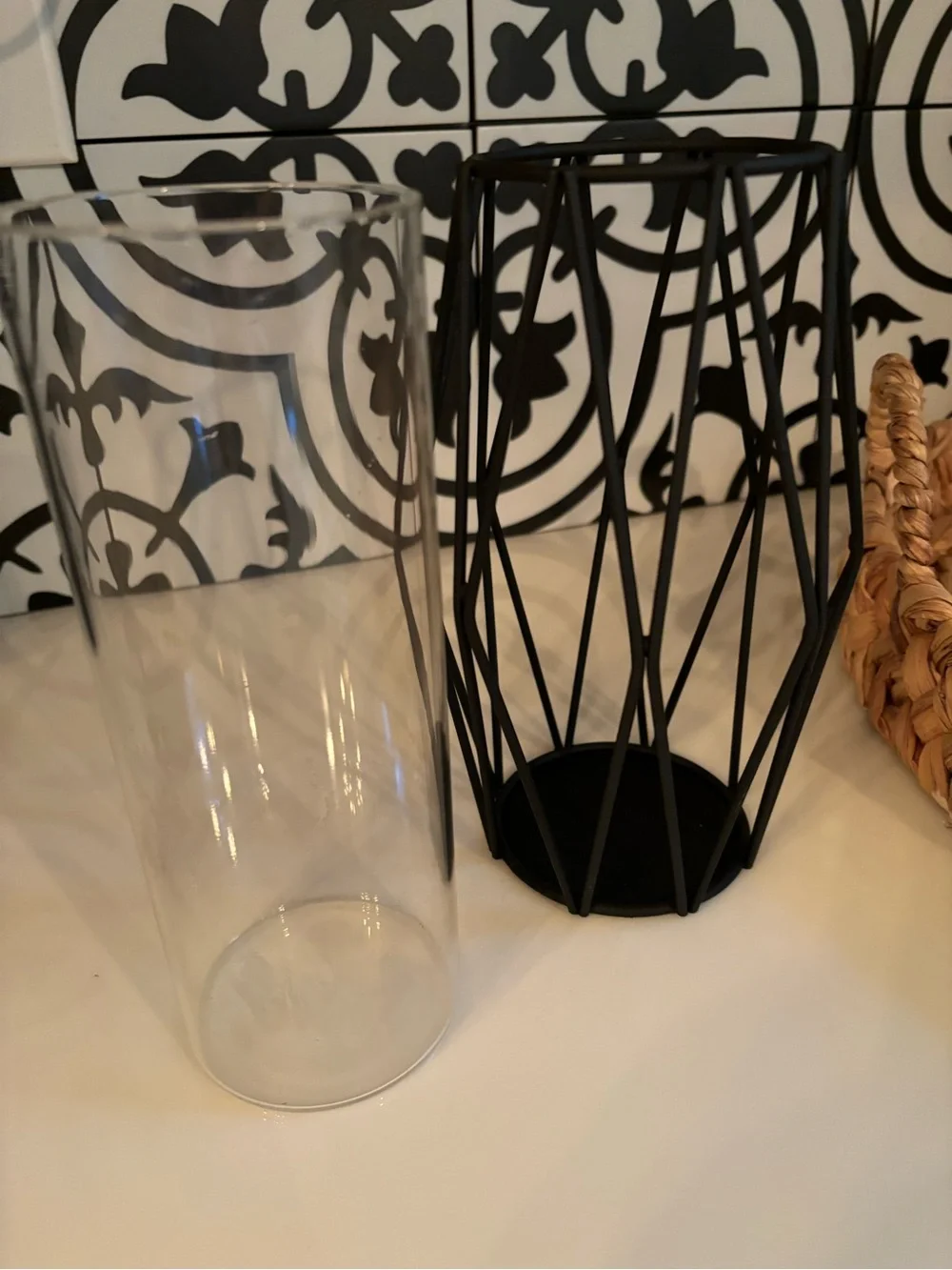 Black Wire Candle Holder or Vase with Inner Glass Removable Cylinder 8 x 4 1/2
